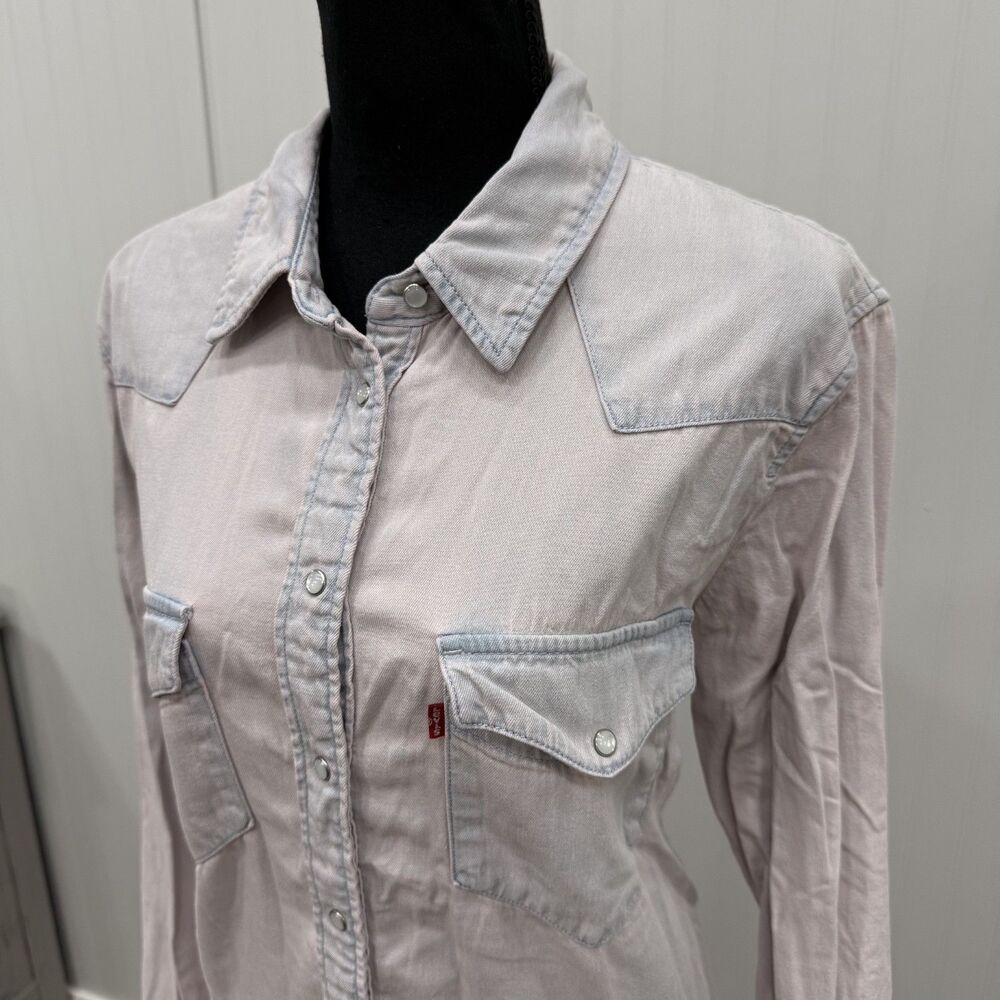 Levi's Women's XL Pink Stone Washed Cotton Pearl Snap Button Front Denim Shirt - Picture 2 of 8